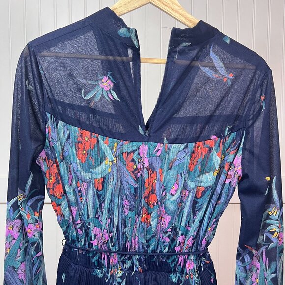 Vintage 70s Floral Pleated Midi Dress Navy Blue Long Sleeve Peplum Tie Waist - Picture 6 of 14